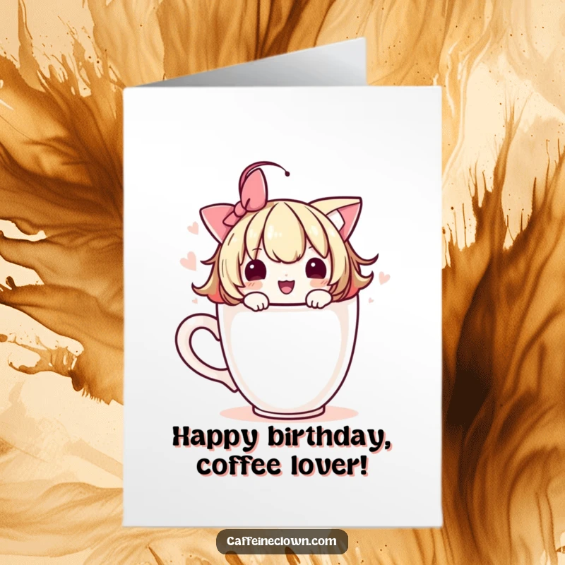 Free Printable Birthday Card: Cute character adorning a coffee cup with a playful flourish, adding a touch of charm.