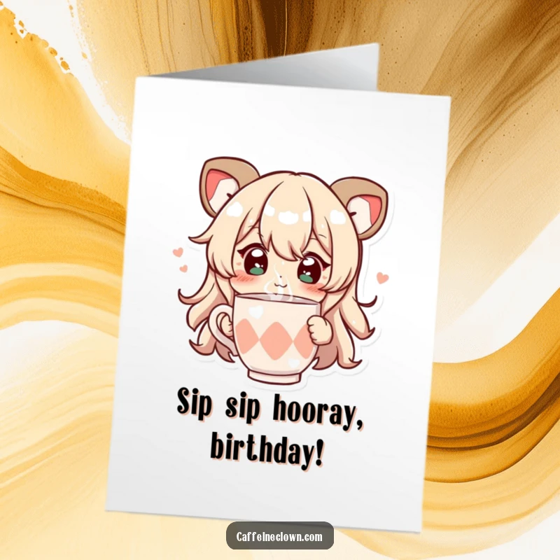 Free Printable Birthday Card: Character with sparkling eyes, joyfully sipping from a steaming cup, a moment of pure bliss.