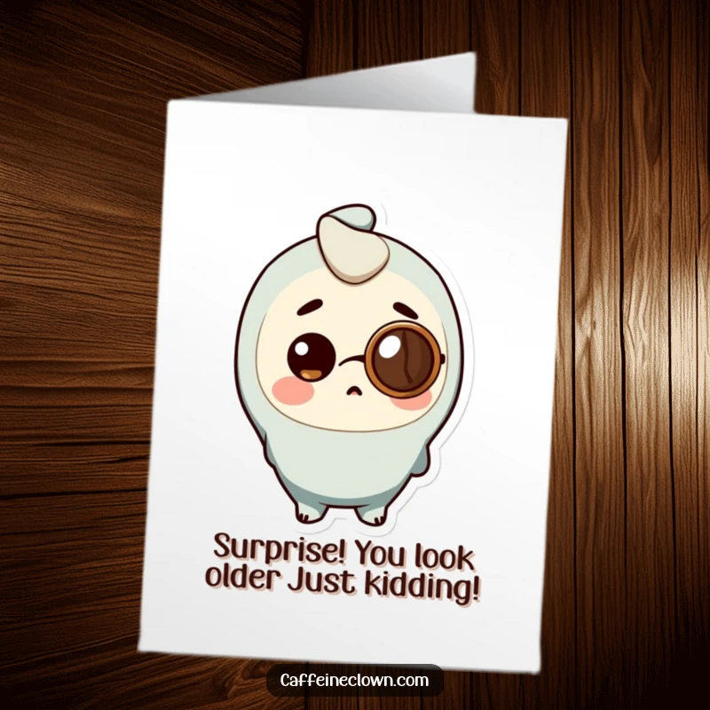 Funny Free Printable Birthday Card: Character wearing coffee bean monocle, looking surprised, a hilarious birthday surprise, great downloadable gift.