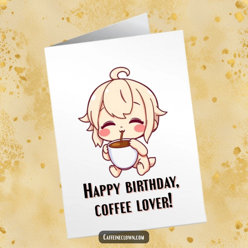 Funny Free Printable Birthday Card: Character puckering with delight while tasting coffee, showing extreme happy satisfaction.