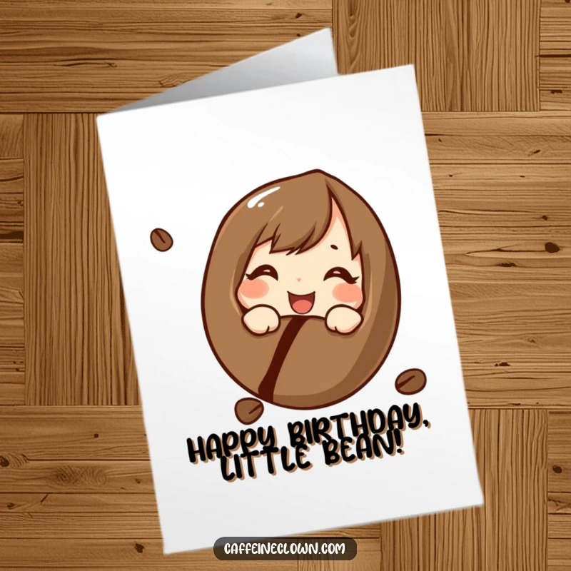 Funny Free Printable Birthday Card: Character looking curiously into a large coffee bean with a cheerful, inquisitive expression.