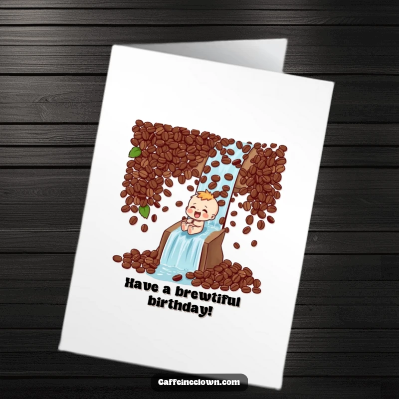 Funny Free Printable Birthday Card: Character laughing while sliding down a wild waterfall made entirely of coffee beans.