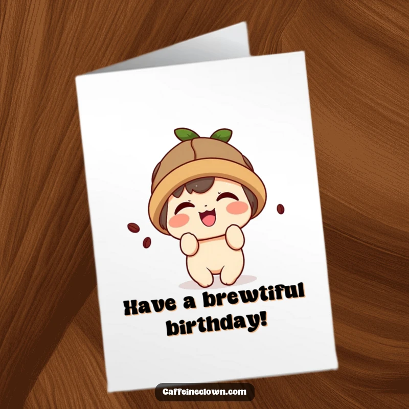 Funny Free Printable Birthday Card: A cute kawaii character in a coffee bean hat giggles playfully.