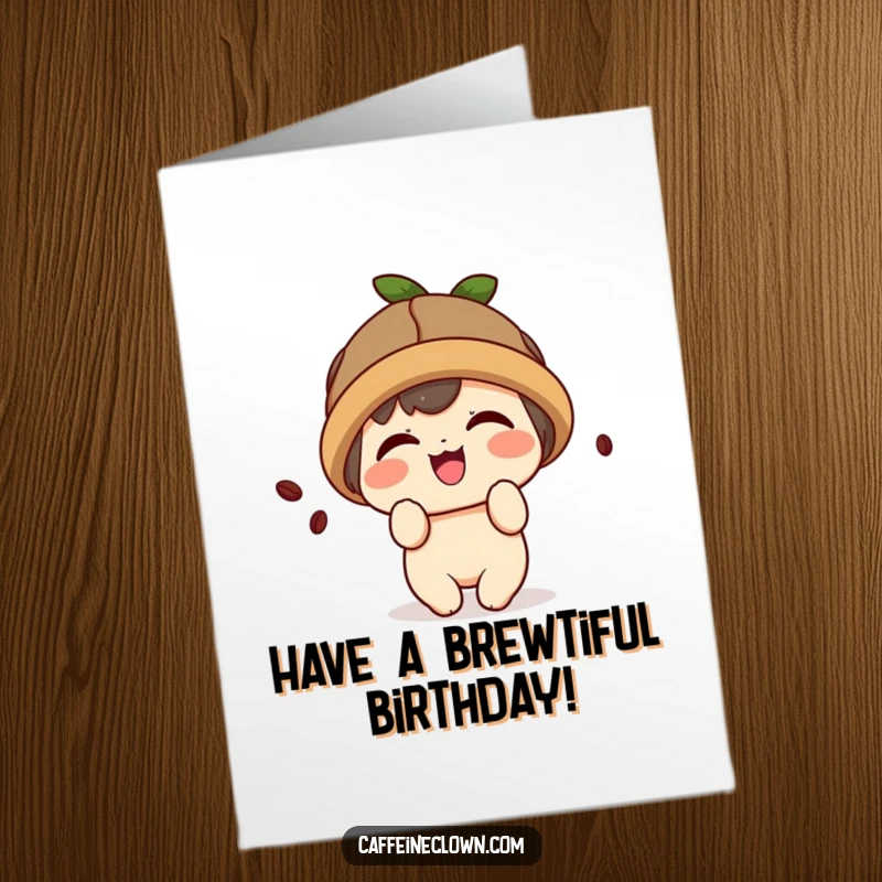 Funny Free Printable Birthday Card: A cute kawaii character in a coffee bean hat giggles playfully.