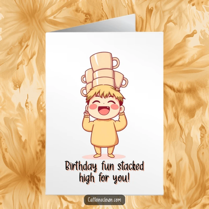 Funny Free Printable Birthday Card: Character laughs heartily while balancing a huge stack of coffee mugs for a birthday.