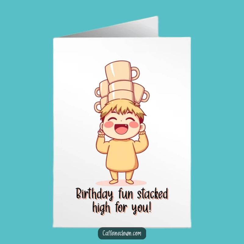 Hilarious Free Printable Birthday Card: Laughing Coffee Mug Stacker Character!