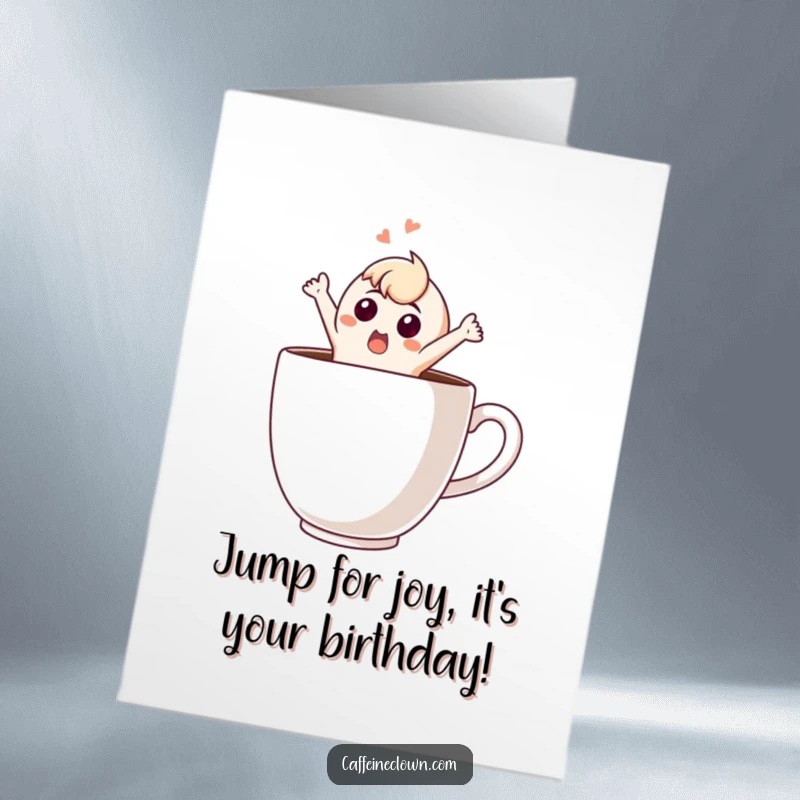Funny Free Printable Birthday Card: Character comically leaps from a giant coffee cup, expressing shock and delight for a birthday.