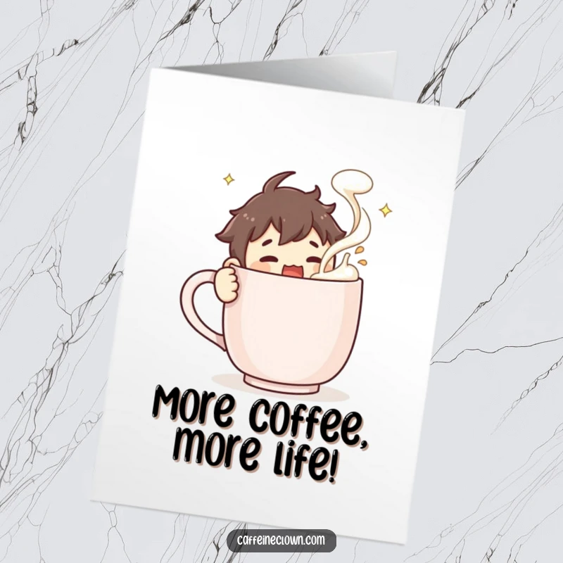 Funny Free Printable Birthday Card: Character excitedly stirring a massive coffee mug, froth flying everywhere, a truly energetic morning.