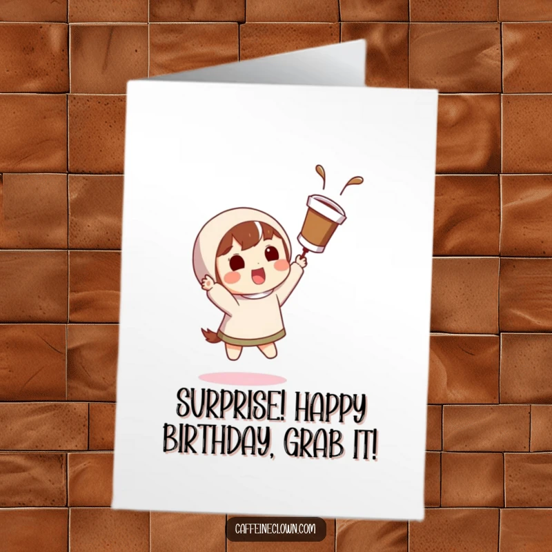 Funny Free Printable Birthday Card: Character surprised catching a flying coffee cup, funny birthday wish.