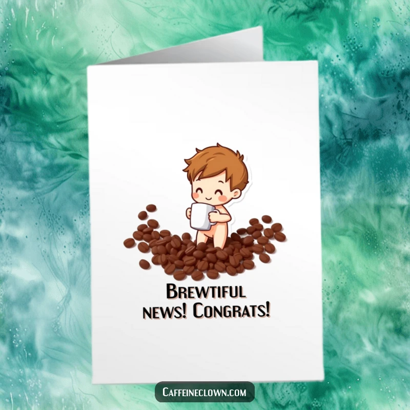 Funny Free Printable Congratulations Card: A cheerful figure gleefully spills coffee beans while holding a mug, celebrating a big win.