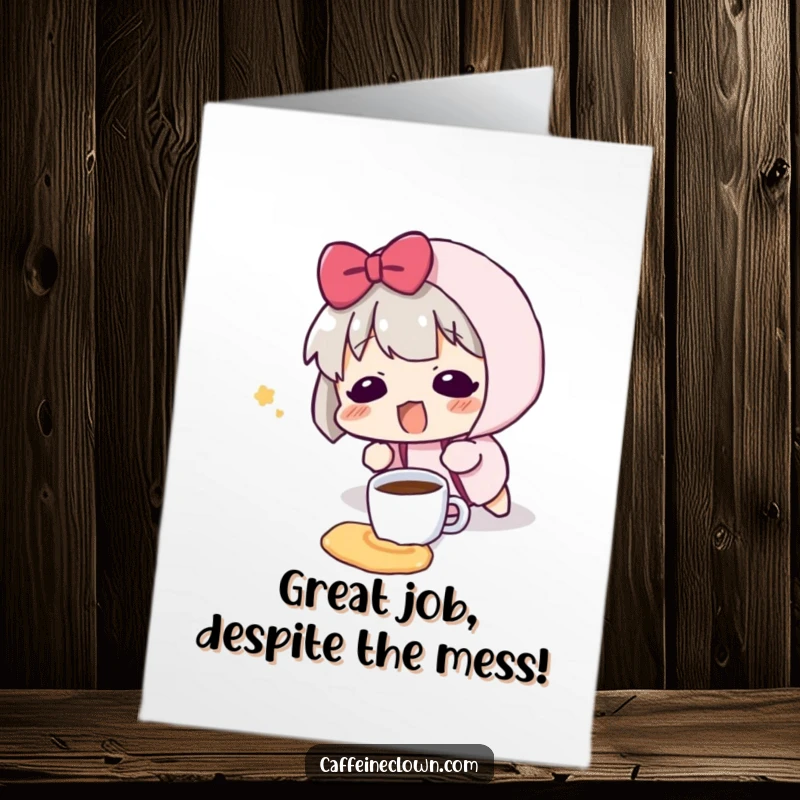 Funny Free Printable Congratulations Card: Character looking surprised and blushing after tripping and spilling a tiny coffee cup, quirky congrats.