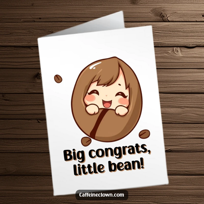 Funny Free Printable Congratulations Card: Character with a cheerful, curious gaze peering into a single coffee bean.