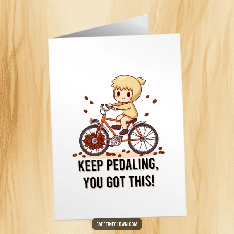 Funny Free Printable Congrats Card: Character pedals a coffee bean-powered bicycle, celebrating achievement.