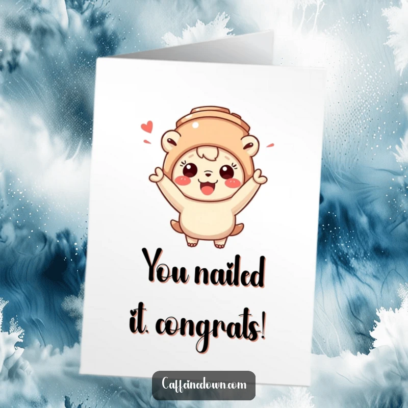 Funny Free Printable Congratulations Card: A sweet creature wearing a coffee mug hat cheers wildly, celebrating a fantastic achievement.
