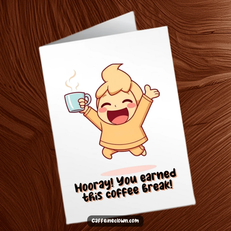 Funny Free Printable Congratulations Card: Character bouncing ecstatically, coffee cup held high, celebrating success, brilliant downloadable gift.