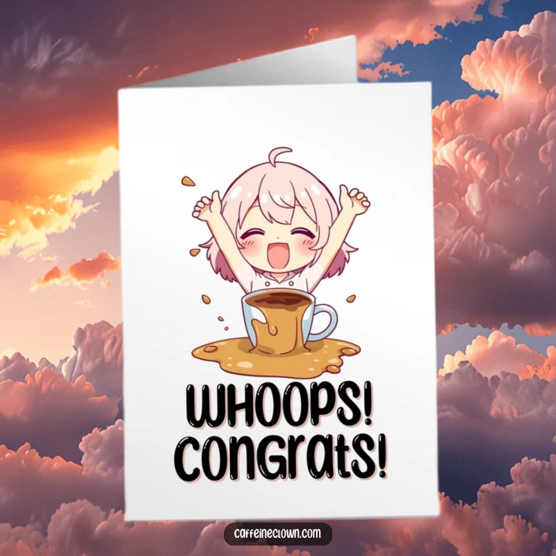 Funny Free Printable Congratulations Card: Character happily flailing amidst a joyful coffee spill, celebrating with abandon.