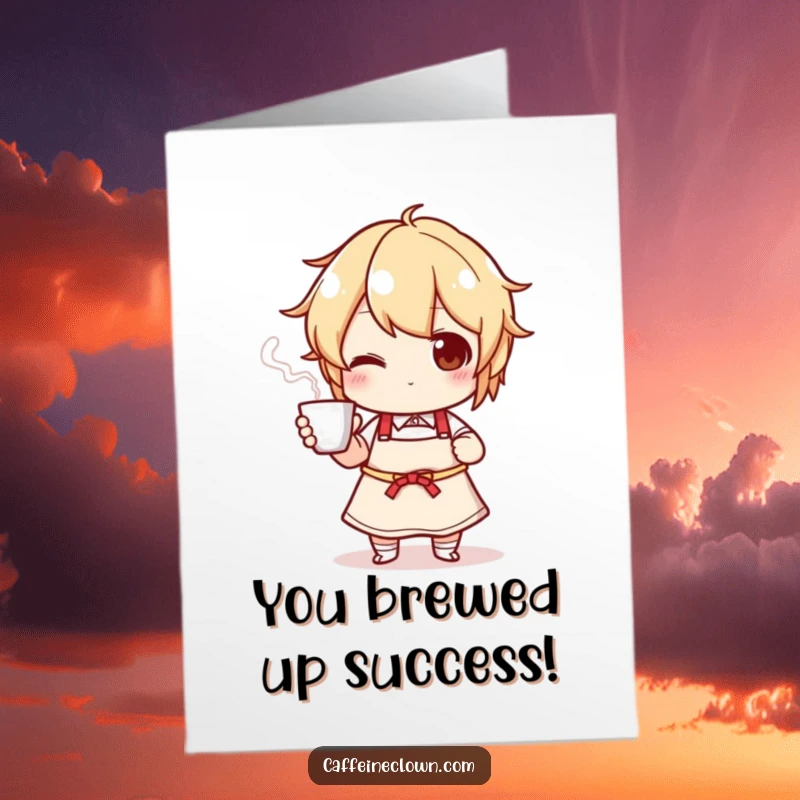 Funny Free Printable Congrats Card: A chef character in an apron proudly presents a steaming cup for congratulations.