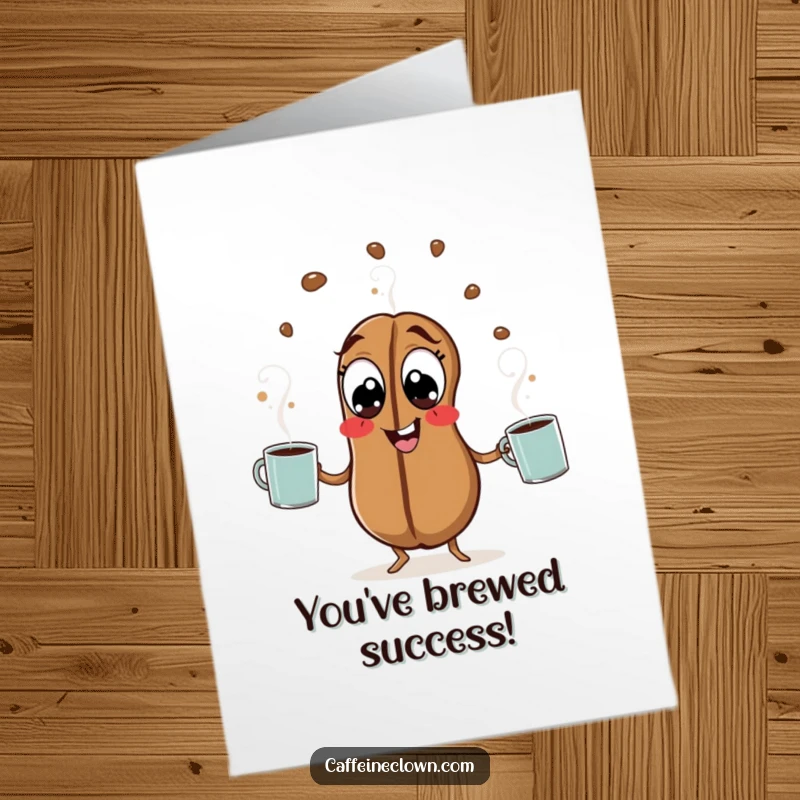 Funny Free Printable Congrats Card: Wide-eyed coffee bean energetically juggling steaming mugs to celebrate your success.