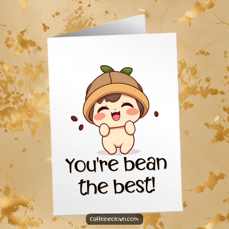 Funny Free Printable Congratulations Card: A kawaii character with a coffee bean hat giggles merrily.