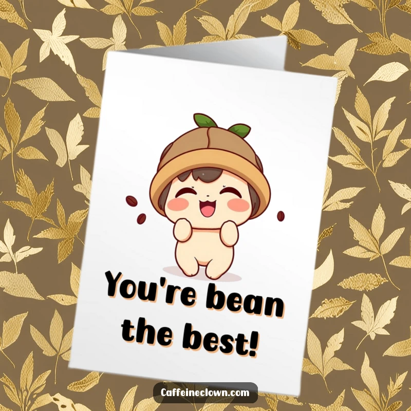 Funny Free Printable Congratulations Card: A kawaii character with a coffee bean hat giggles merrily.
