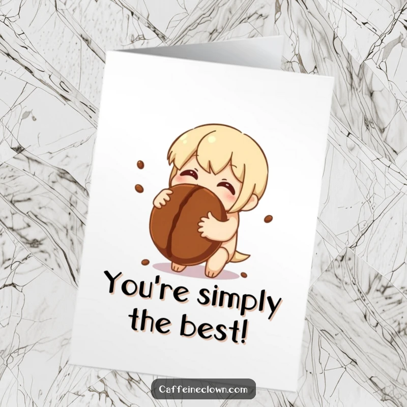 Funny Free Printable Thank You Card: Character embracing a giant coffee bean with eyes sparkling, showing immense joy and thanks.
