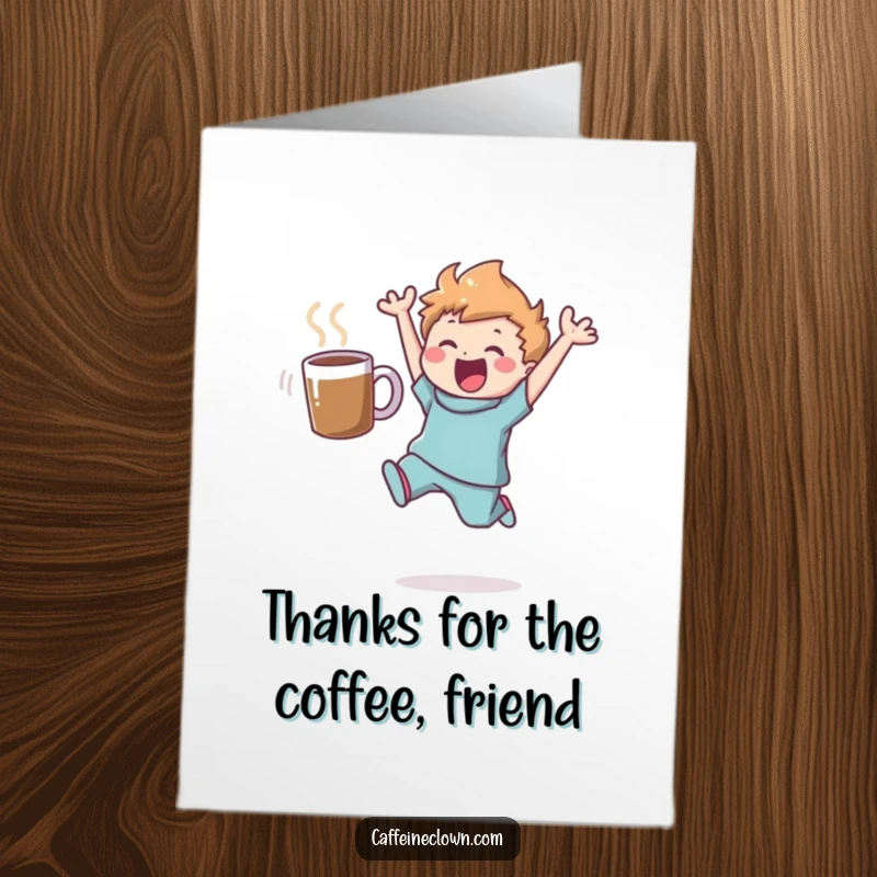 Funny Free Printable Thank You Card: A delighted character leaps joyfully, coffee mug in tow, expressing thanks.