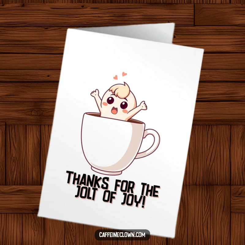 Funny Free Printable Thank You Card: Character pops out of a coffee cup, looking surprised and grateful for a favor.