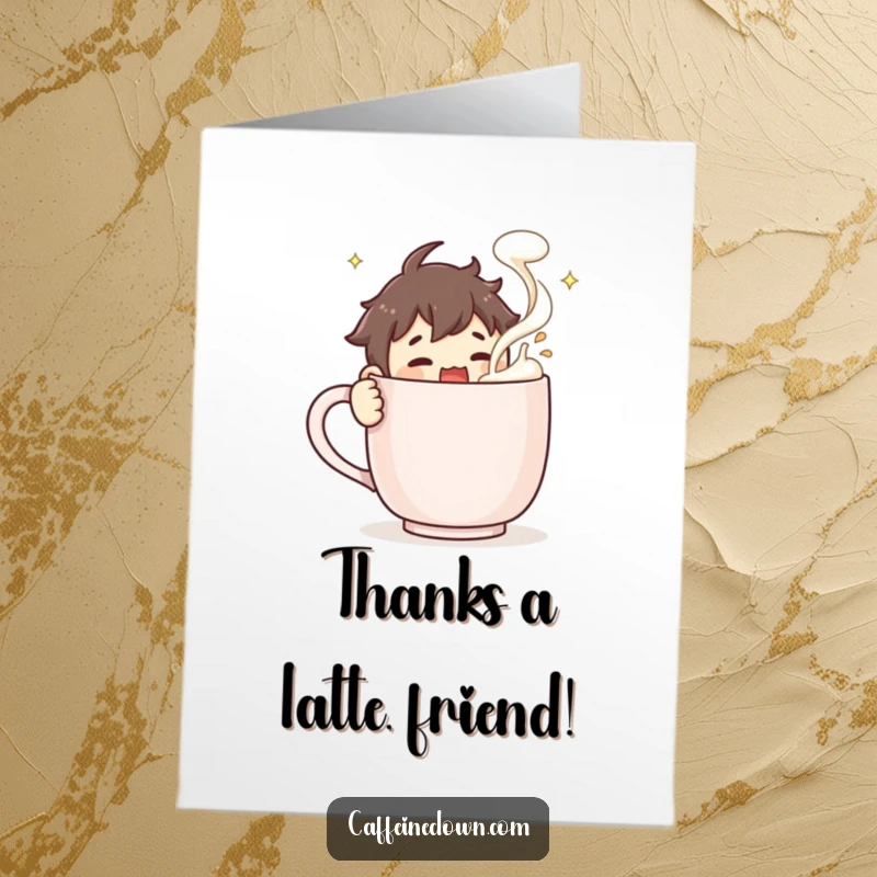 Funny Free Printable Thank You Card: Character enthusiastically stirring a giant coffee mug, expressing thanks with energetic, frothy appreciation.
