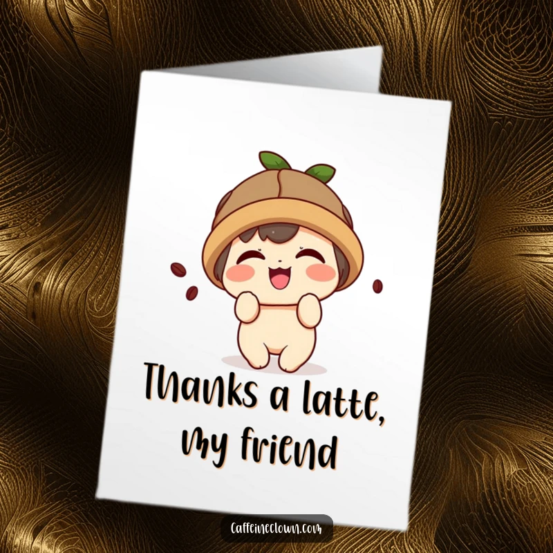 Funny Free Printable Thank You Card: A cute kawaii character wearing a coffee bean hat giggles.