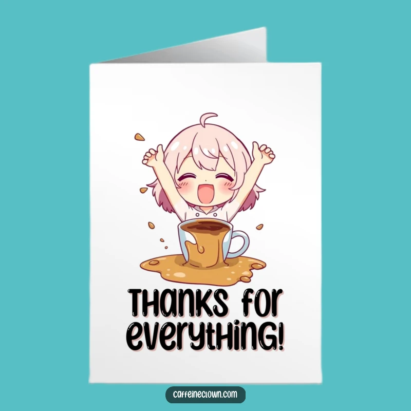 Free Printable Thank You Card: Happy Coffee Spill Character Expressing Thanks
