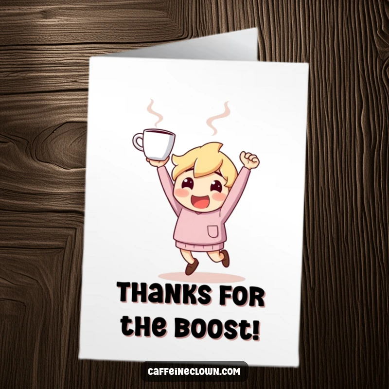 Funny Free Printable Thank You Card: Character bouncing with excitement, holding a steaming coffee cup high to express energetic thanks.