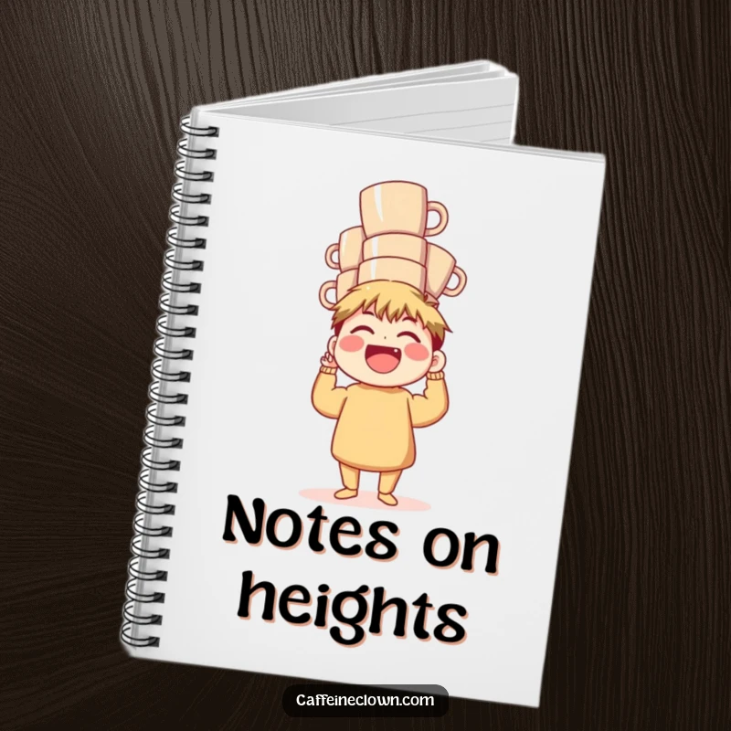 Funny Notebook: A laughing character balances a stack of coffee mugs, perfect for jotting down funny ideas and notes.