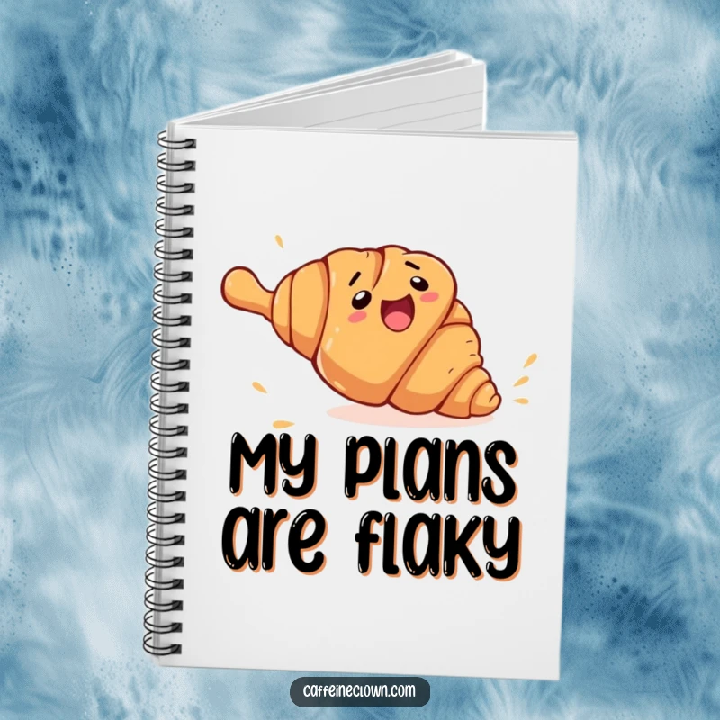 Funny croissant escape notebook cover with a clumsy croissant character rolling away from a giant rolling pin, a humorous stationery item.