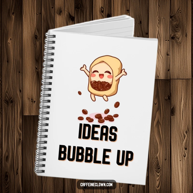 Funny notebook with a bubbly icon scattering coffee beans, encouraging creative thinking and joyful note-taking.
