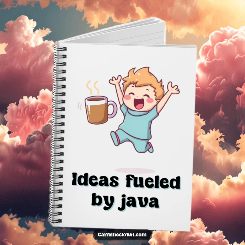 Funny notebook with a leaping figure and a floating coffee mug, designed for capturing creative thoughts and daily inspirations with humor.