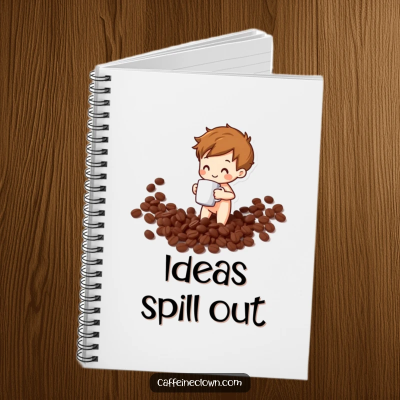 Funny notebook with a design of a character spilling coffee beans from a mug, encouraging creative expression with humor.