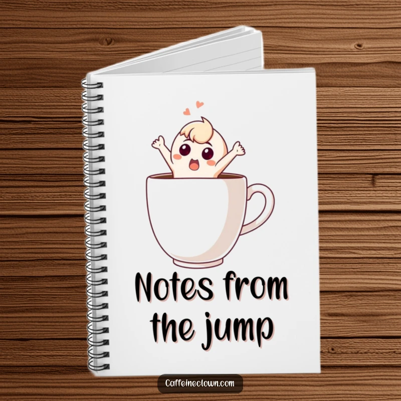 Funny Notebook: Surprised character bursting out of a giant coffee cup, perfect for capturing funny thoughts and creative ideas.
