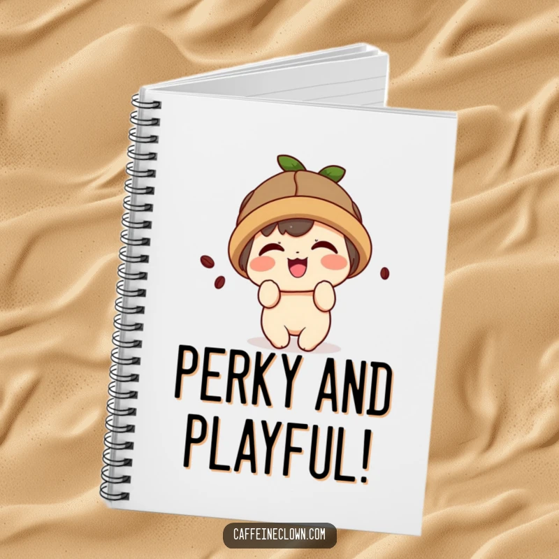 Funny notebook cover featuring a cute kawaii character wearing a coffee bean hat and giggling playfully.