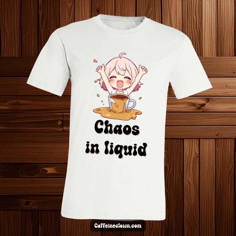 Funny T-shirt with a character joyfully flailing arms while spilling coffee, representing happy accidents and coffee lovers, a great funny gift.