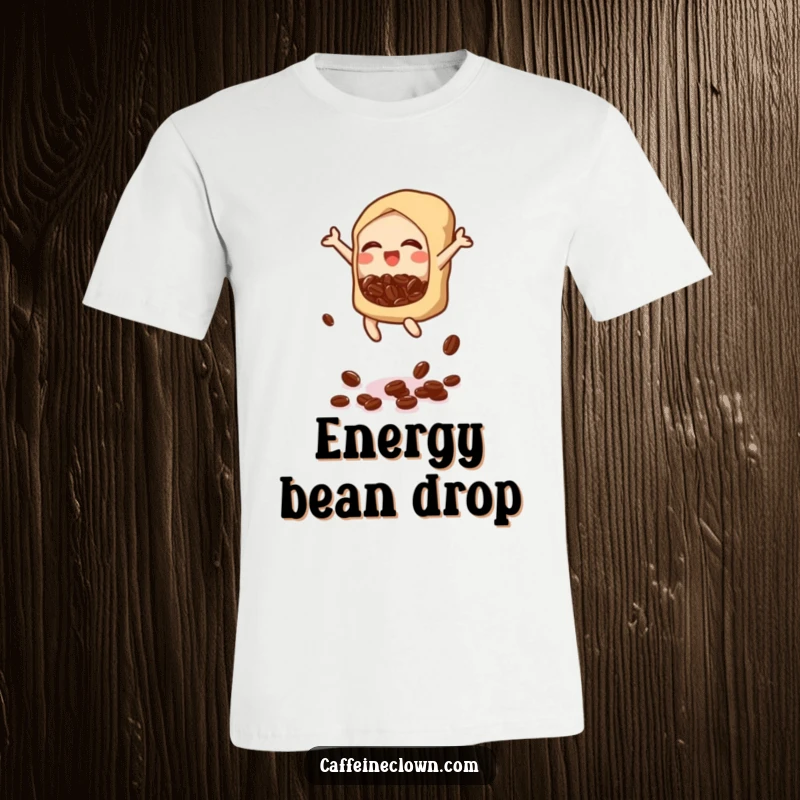 Funny t-shirt with a bubbly icon jumping and scattering coffee beans, perfect for expressing playful coffee enthusiasm.