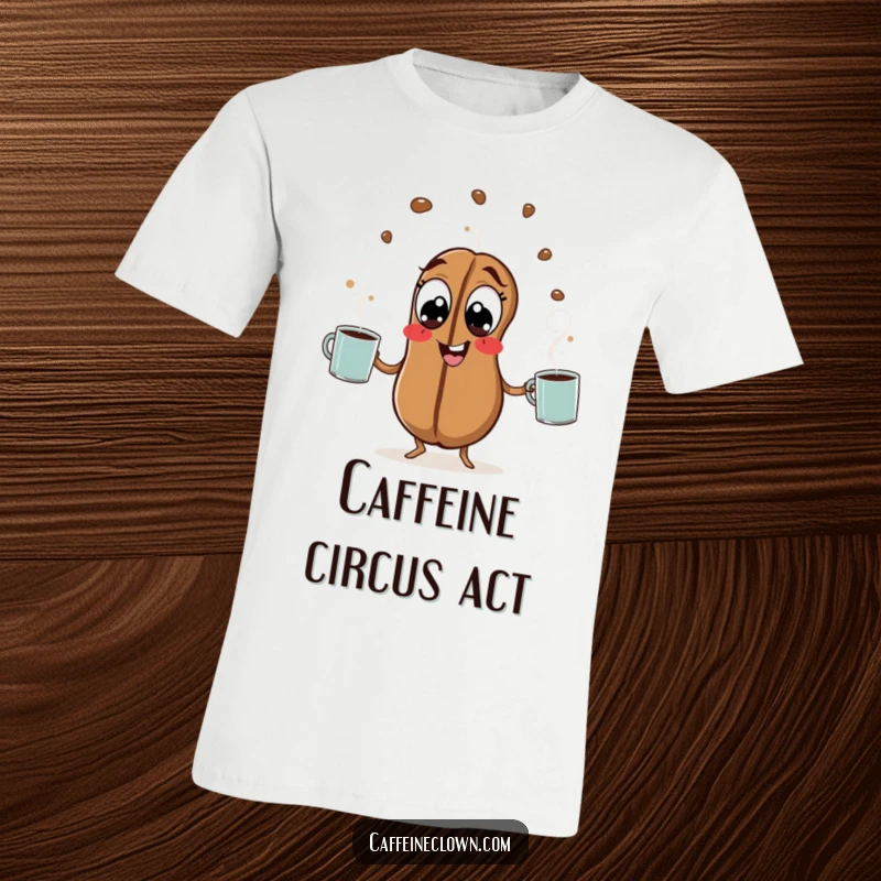 Funny Coffee Bean T-Shirt: A hyperactive coffee bean with wide eyes juggles steaming mugs, showcasing intense, caffeine-fueled focus.