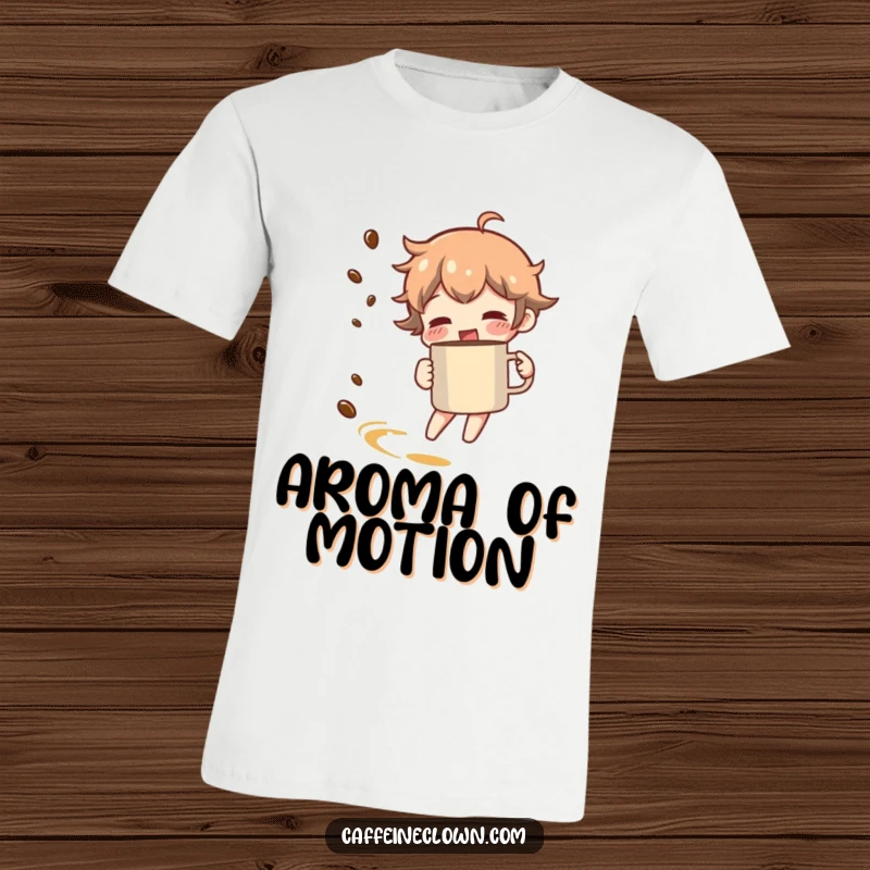 Funny t-shirt depicting a character spinning enthusiastically with a coffee mug, trailing aromatic coffee scents.