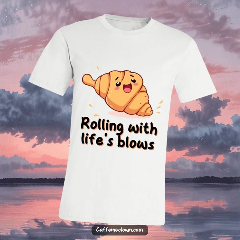 Funny croissant rolling t-shirt featuring a clumsy croissant character fleeing from a giant rolling pin, a humorous food design.