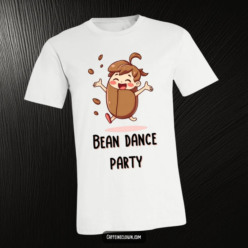 Funny t-shirt featuring a joyful character dancing energetically while holding a giant coffee bean, celebrating coffee love.