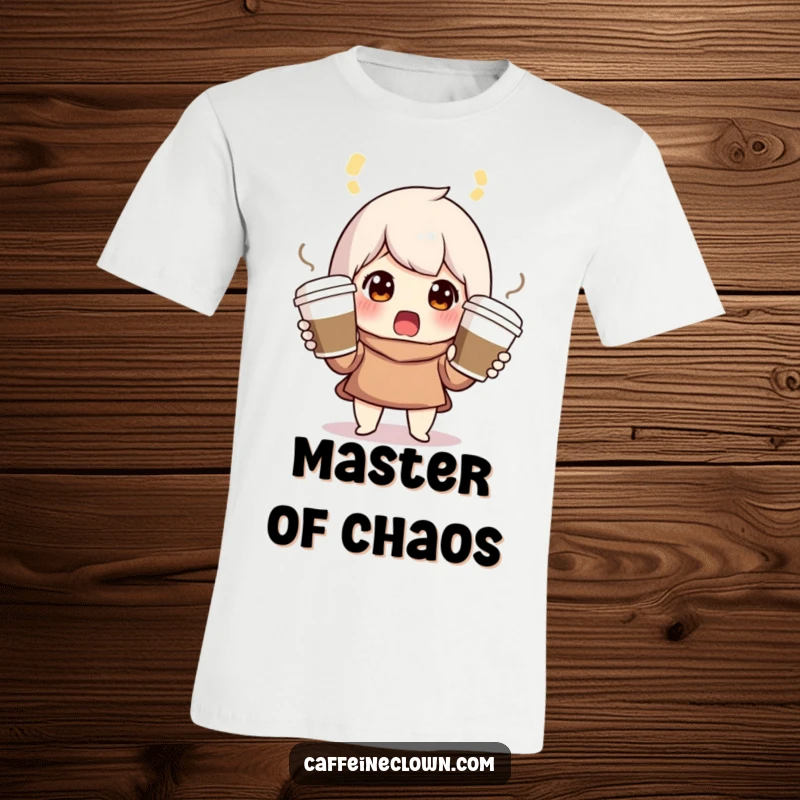 Funny t-shirt featuring a character with a surprised expression, skillfully juggling three coffee cups, symbolizing life's challenges.