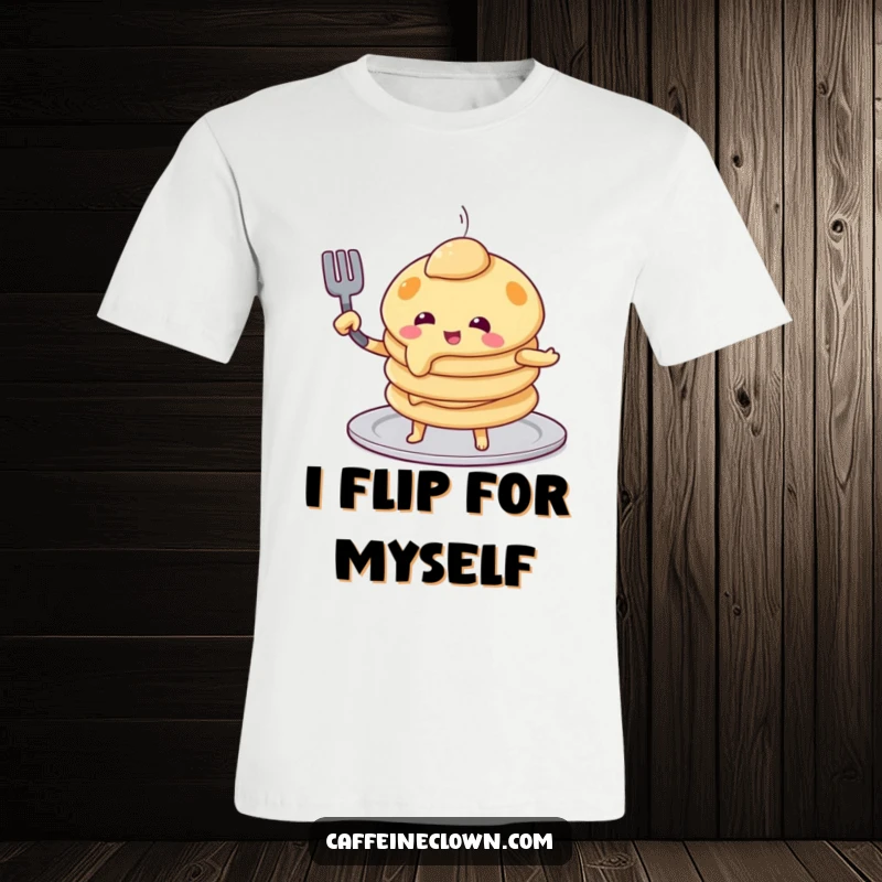 Funny pancake flip t-shirt depicting a playful pancake character using a spatula to flip itself, a humorous food design.
