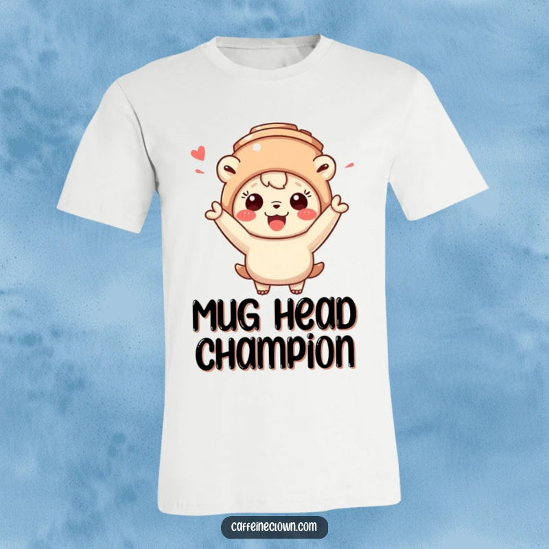 Funny t-shirt featuring a sweet creature sporting a coffee mug hat and cheering wildly, perfect for coffee enthusiasts.