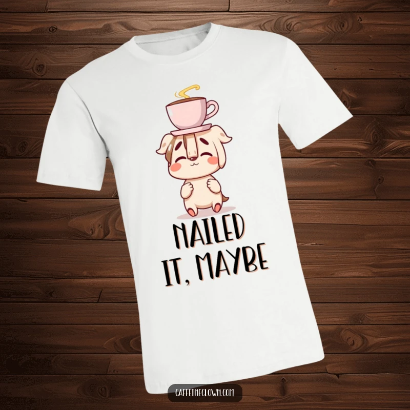 Funny T-shirt with a character clumsily balancing a coffee cup on their nose with a happy expression, embodying delightful awkwardness, a great funny gift.