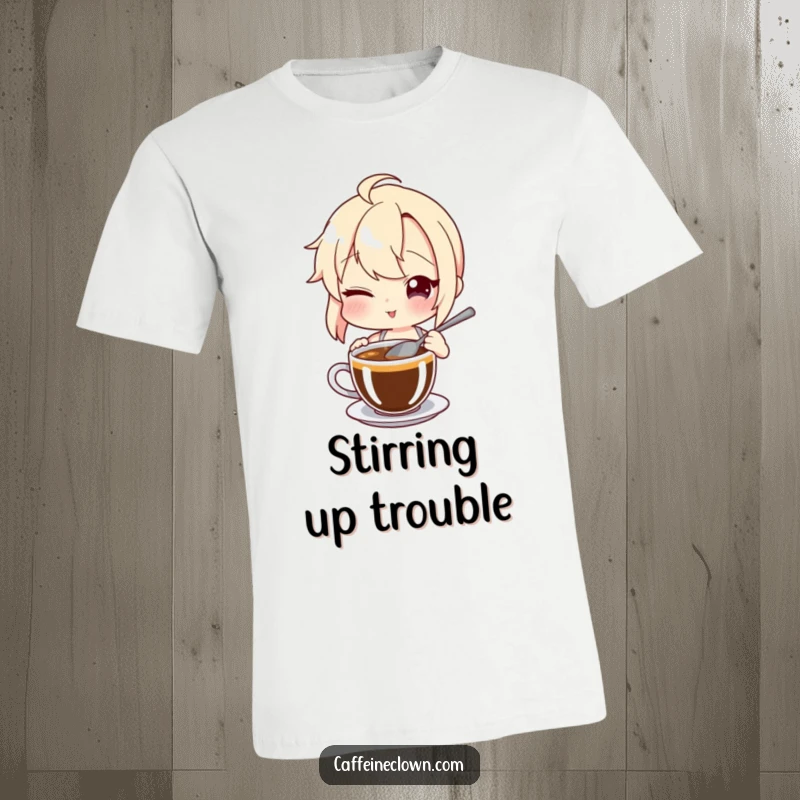 Funny T-Shirt: A character shares a sly wink while stirring a cup of coffee with a spoon, suggesting secrets and good times.