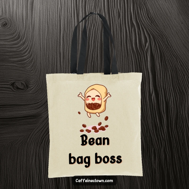 Funny tote bag featuring a jumping bubbly icon scattering coffee beans, a cheerful accessory for carrying daily essentials.